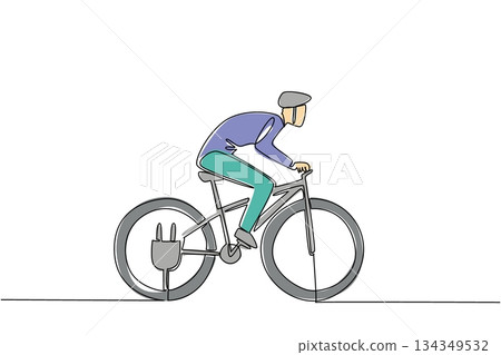 Single continuous line drawing a man riding an e bike with a cable plug in his tire. The perfect week to exercise with modern technology. National E Bike Day. One line design vector illustration 134349532