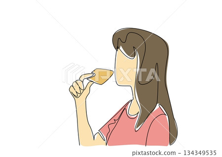 Continuous one line drawing a woman eating biscuits. A quick and solid breakfast. Stall the hunger with some biscuits. Sweet. Snack. National Biscuit Day. Single line draw design vector illustration 134349535