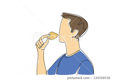 Single continuous line drawing a man eating biscuits. A sweet dessert. Filling in a simple way. Delicious. Crunchy. Cracker. Snack. Breakfast. National Biscuit Day. One line design vector illustration Single continuous line drawing a man eating biscuits. A sweet dessert. Filling in a simple way. Delicious. Crunchy. Cracker. Snack. Breakfast. National Biscuit Day. One line design vector illustration 134349536