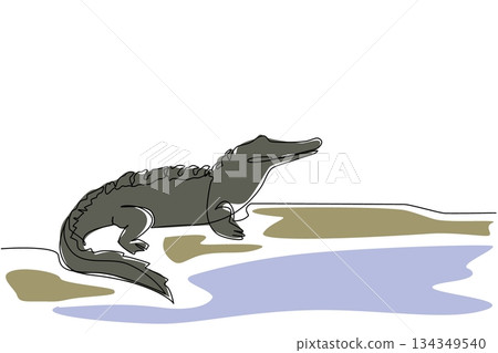 Single one line drawing alligator on the surface of the swamp. Like a famous logo. Very iconic. Expensive brand. The predator. National Alligator Day. Continuous line design graphic illustration 134349540