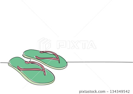 Continuous one line drawing a pair of flip flop. A complement to a relaxing walk on the beach. A more exciting summer vacation. National Flip Flop Day. Single line draw design vector illustration 134349542