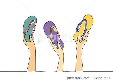 Single continuous line drawing 3 hands each holding a flip flop of various colors. The excitement of summer vacation with best friends. National Flip Flop Day. One line design vector illustration 134349544