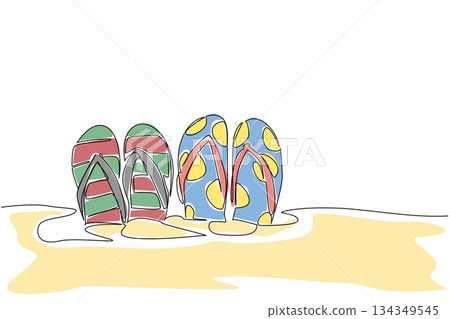 Continuous one line drawing 2 pairs of patterned flip flops embedded in the sand. A young couple spends their holidays on the beach. National Flip Flop Day. Single line draw design vector illustration Continuous one line drawing 2 pairs of patterned flip flops embedded in the sand. A young couple spends their holidays on the beach. National Flip Flop Day. Single line draw design vector illustration 134349545