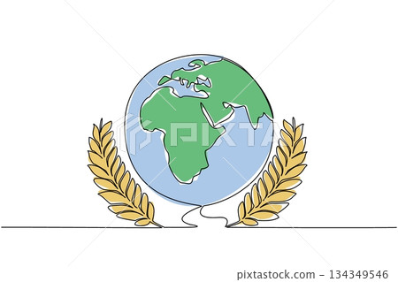 Single one line drawing globe with two wheat stalks on the right and left. Symbol of uneven food distribution around the world. Awareness. World Hunger Day. Continuous line design graphic illustration Single one line drawing globe with two wheat stalks on the right and left. Symbol of uneven food distribution around the world. Awareness. World Hunger Day. Continuous line design graphic illustration 134349546