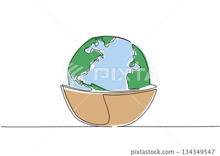 Single continuous line drawing a bowl with the top made into a globe and several stalks of wheat. Food uncertainty continues to occur. Trouble. World Hunger Day. One line design vector illustration 134349547
