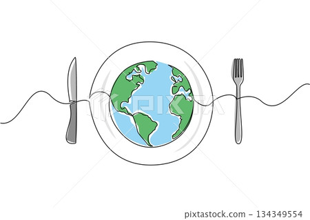 Single continuous line drawing a plate with a globe in the middle with knife and fork on the right and left. Annual problem that keeps happening. World Hunger Day. One line design vector illustration 134349554