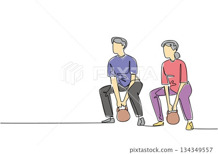 Continuous one line drawing a pair of grandparents are doing fitness on fitness mate. Maintain muscle mass together. National Senior Health and Fitness Day. Single line draw design vector illustration Continuous one line drawing a pair of grandparents are doing fitness on fitness mate. Maintain muscle mass together. National Senior Health and Fitness Day. Single line draw design vector illustration 134349557