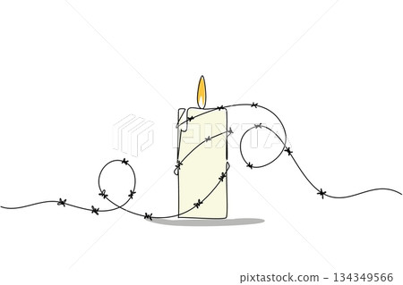 Single one line drawing burning candles wrapped around barbed wire. Do not treat prisoners cruelly. Campaigning for justice. Amnesty International Day. Continuous line design graphic illustration Single one line drawing burning candles wrapped around barbed wire. Do not treat prisoners cruelly. Campaigning for justice. Amnesty International Day. Continuous line design graphic illustration 134349566