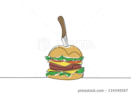 Single continuous line drawing beef burger skewered with knife. Layered meat that makes it even hungrier. Super delicious and filling. National Beef Burger Day. One line design vector illustration 134349567