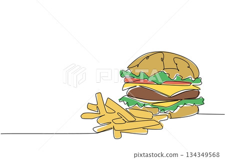 Continuous one line drawing beef burger with french fries on the side. A complete meal menu of protein and carbohydrates. Tasty. National Beef Burger Day. Single line draw design vector illustration 134349568