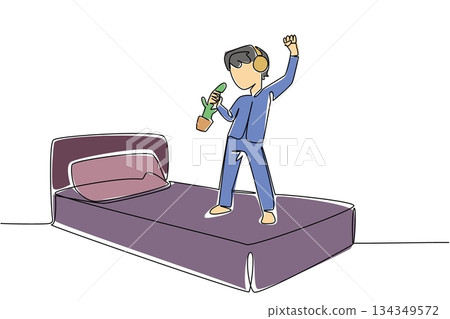 Single continuous line drawing a boy wear headphone standing on a bed hold a toy cactus in a pot. Dream of becoming a rock star. Ambition. National Sing Out Day. One line design vector illustration 134349572