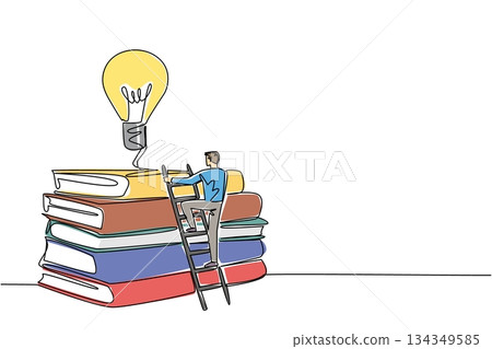 Single one line drawing a man climbs stack of thick books with lightbulb floats above. The long process of sharpening intelligence. National Creativity Day. Continuous line design graphic illustration Single one line drawing a man climbs stack of thick books with lightbulb floats above. The long process of sharpening intelligence. National Creativity Day. Continuous line design graphic illustration 134349585