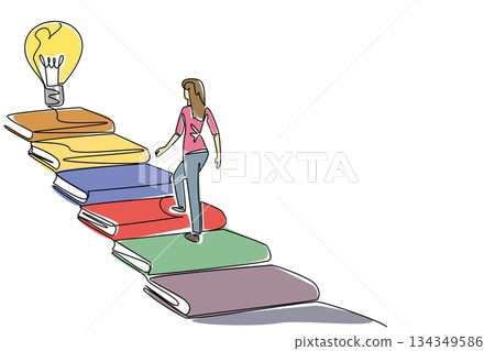 Continuous one line drawing a woman walks on stairs made of books and a lightbulb floating at the end. Stepping into genius. Idea. National Creativity Day. Single line draw design vector illustration Continuous one line drawing a woman walks on stairs made of books and a lightbulb floating at the end. Stepping into genius. Idea. National Creativity Day. Single line draw design vector illustration 134349586