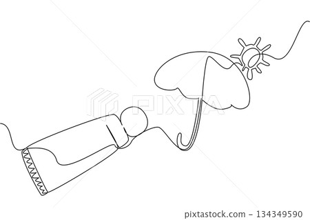 Continuous one line drawing open sunscreen tube with contents forming an umbrella and sun. Symbol. Protects from the hot sun. Block. National Sunscreen Day. Single line draw design vector illustration 134349590