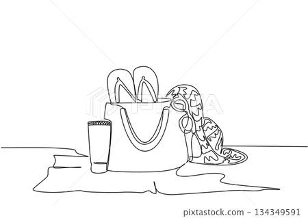 Single one line drawing tube of sunscreen, sunglasses, bag, woven hat and flip flops on the mat. Play equipment in summer. Protect. National Sunscreen Day. Continuous line design graphic illustration 134349591