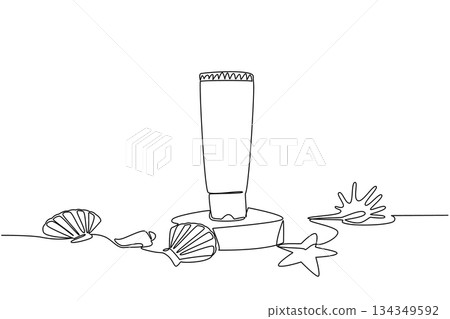 Single one line drawing tube of sunscreen on small podium and arrangement of shells and starfish. Playing comfortably on the beach. National Sunscreen Day. Continuous line design graphic illustration Single one line drawing tube of sunscreen on small podium and arrangement of shells and starfish. Playing comfortably on the beach. National Sunscreen Day. Continuous line design graphic illustration 134349592