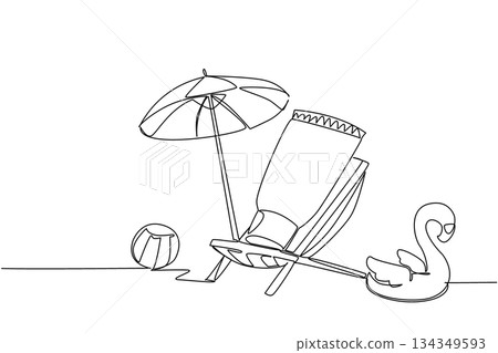 Single continuous line drawing tube sunscreen on a beach chair with an umbrella, balls and flamingo shaped floats. Play safely on the beach. National Sunscreen Day. One line design vector illustration Single continuous line drawing tube sunscreen on a beach chair with an umbrella, balls and flamingo shaped floats. Play safely on the beach. National Sunscreen Day. One line design vector illustration 134349593