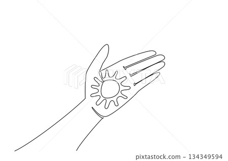 Single continuous line drawing sun shaped cream on the palm. Lotion that protects the skin. Best friends when summer comes. Care. Vacation. National Sunscreen Day. One line design vector illustration 134349594