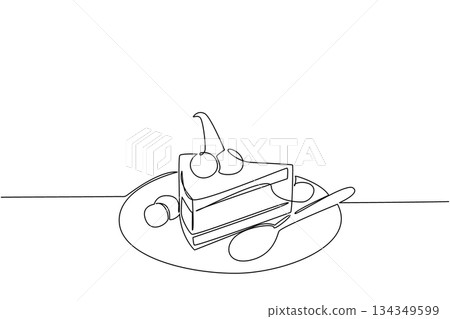 Continuous one line drawing cheese cake slices topped with cherries on a small plate. Share the taste of pleasure. Delicious. National Cherry Dessert Day. Single line draw design vector illustration 134349599