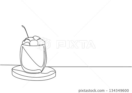 Single continuous line drawing panna cotta in a clear glass with cherry topping, on a wooden cutting board. The freshness in summer. National Cherry Dessert Day. One line design vector illustration 134349600