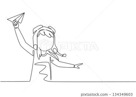 Single continuous line drawing girl wearing pilot helmet holds paper airplane. Embrace role of being first female pilot in the world. National Paper Airplane Day. One line design vector illustration Single continuous line drawing girl wearing pilot helmet holds paper airplane. Embrace role of being first female pilot in the world. National Paper Airplane Day. One line design vector illustration 134349603