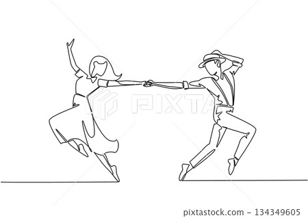 Continuous one line drawing man and woman in retro vintage clothes dancing lindy hop and holding hands. Performance full of dedication. World Lindy Hop Day. Single line draw design vector illustration 134349605