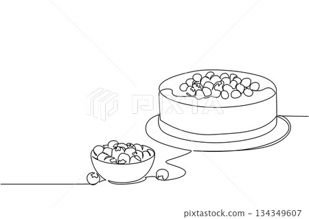 Single continuous line drawing round cheese cake with blueberry topping and small bowl filled with blueberries. Very tasty. National Blueberry Cheesecake Day. One line design vector illustration 134349607