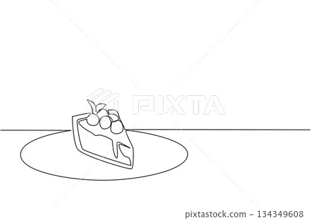 Single one line drawing slice of cheese cake with topping and blueberry jam on a small plate. Display menu for customers. National Blueberry Cheesecake Day. Continuous line design graphic illustration 134349608