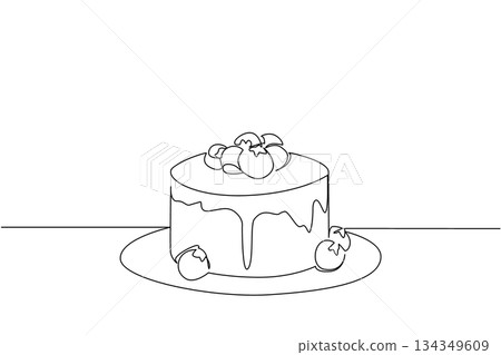 Single one line drawing round cheese cake with blueberry topping on a small plate. A dish to complete a long holiday. National Blueberry Cheesecake Day. Continuous line design graphic illustration Single one line drawing round cheese cake with blueberry topping on a small plate. A dish to complete a long holiday. National Blueberry Cheesecake Day. Continuous line design graphic illustration 134349609