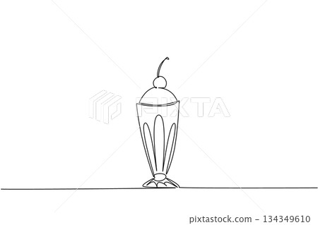 Continuous one line drawing vanilla sundae ice cream with cherry topping. Guaranteed freshness when summer arrives. Delicious. National Cherry Dessert Day. Single line draw design vector illustration 134349610