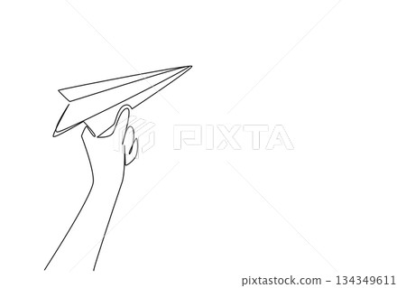 Single one line drawing hand holding paper airplane. Sharpen creativity. Symbols of happiness do not have to be expensive toys. National Paper Airplane Day. Continuous line design graphic illustration Single one line drawing hand holding paper airplane. Sharpen creativity. Symbols of happiness do not have to be expensive toys. National Paper Airplane Day. Continuous line design graphic illustration 134349611