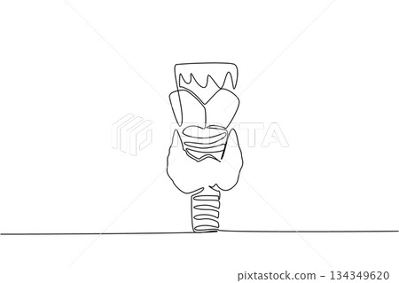 Single continuous line drawing neck mockup containing the thyroid gland. A hormone gland with a butterfly like shape. Located at front of neck. World Thyroid Day. One line design vector illustration 134349620