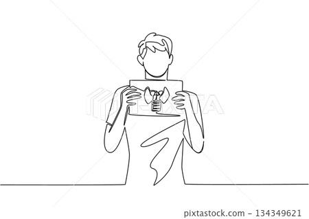 Continuous one line drawing a man in casual clothes holds a paper with a mockup of a thyroid gland with both hands. Therapy. Sickness. World Thyroid Day. Single line draw design vector illustration Continuous one line drawing a man in casual clothes holds a paper with a mockup of a thyroid gland with both hands. Therapy. Sickness. World Thyroid Day. Single line draw design vector illustration 134349621