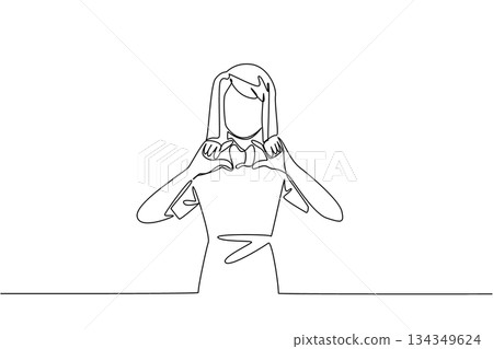 Continuous one line drawing a woman in casual clothes holds a thyroid gland mockup with both hands. Signs of an unhealthy thyroid gland. World Thyroid Day. Single line draw design vector illustration 134349624