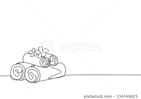 Single one line drawing white towels rolled up and stacked with pink flowers on top. Clean towels prepared for special guests at the hotel. Towel Day. Continuous line design graphic illustration 134349625