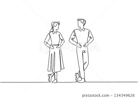 Continuous one line drawing a man and a woman stand with their hands and feet forming a gesture. Building chemistry. Amazing show. National Tap Dance Day. Single line draw design vector illustration 134349626