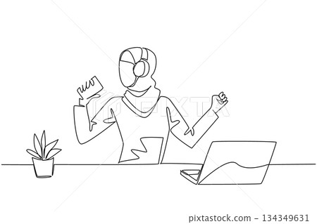 Continuous one line drawing Arab woman using headphone sitting singing holding a coffee paper cup as a mic. Mood boosting activities. National Sing Out Day. Single line draw design vector illustration 134349631