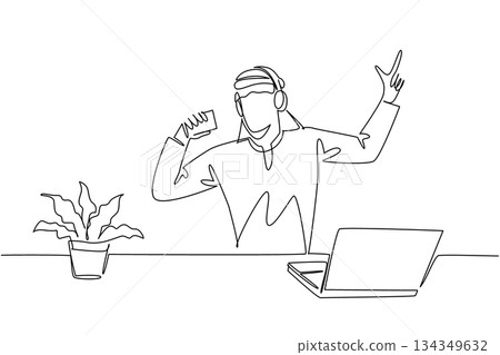 Single continuous line drawing Arab man uses headphone sits sing hold coffee paper cup as mic. Singing as loud as possible to relieve fatigue National Sing Out Day. One line design vector illustration 134349632