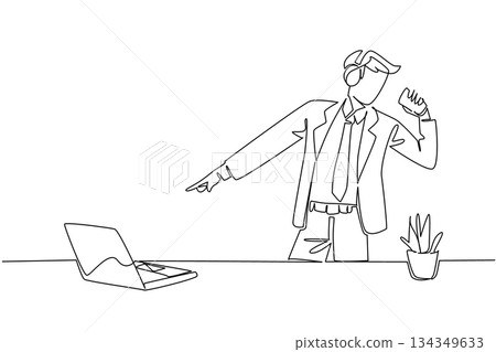 Single one line drawing businessman stands wear headphone and holds coffee paper cup as mic. Excitement like being at music concert. National Sing Out Day. Continuous line design graphic illustration Single one line drawing businessman stands wear headphone and holds coffee paper cup as mic. Excitement like being at music concert. National Sing Out Day. Continuous line design graphic illustration 134349633