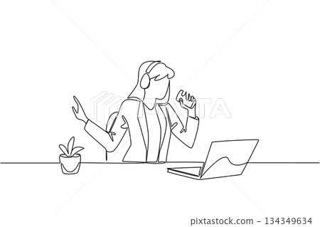 Single continuous line drawing a business woman using headphones sitting singing holding a coffee paper cup. A short break. Leisure. Enjoy. National Sing Out Day. One line design vector illustration Single continuous line drawing a business woman using headphones sitting singing holding a coffee paper cup. A short break. Leisure. Enjoy. National Sing Out Day. One line design vector illustration 134349634