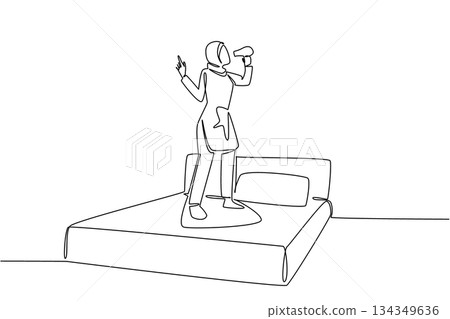 Single one line drawing Arab woman wear headphone stands on the bed and hold a hair dryer while singing. Self improvement. Bedroom. National Sing Out Day. Continuous line design graphic illustration Single one line drawing Arab woman wear headphone stands on the bed and hold a hair dryer while singing. Self improvement. Bedroom. National Sing Out Day. Continuous line design graphic illustration 134349636