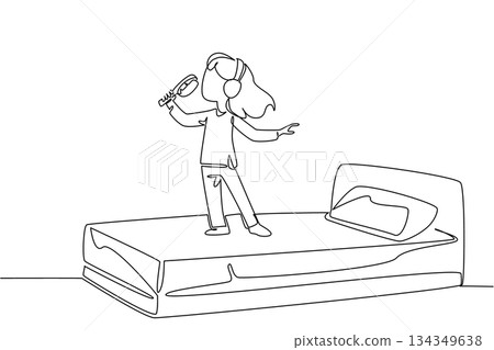 Single one line drawing girl wearing headphones standing on bed holding comb as mic. Graceful style like an opera singer. Dream. National Sing Out Day. Continuous line design graphic illustration Single one line drawing girl wearing headphones standing on bed holding comb as mic. Graceful style like an opera singer. Dream. National Sing Out Day. Continuous line design graphic illustration 134349638