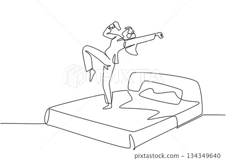 Single continuous line drawing a woman in pajamas wear headphone stands on a bed hold a hair dryer used as a mic. Evening routine before bed. National Sing Out Day. One line design vector illustration Single continuous line drawing a woman in pajamas wear headphone stands on a bed hold a hair dryer used as a mic. Evening routine before bed. National Sing Out Day. One line design vector illustration 134349640