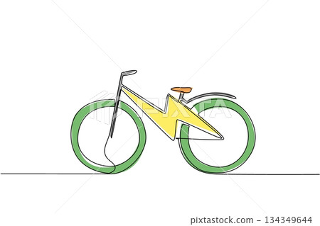 Single one line drawing lightning bolt in the middle of e bike frame. Electric technology to inspire cycling. Convenience for everyone. National E Bike Day. Continuous line design graphic illustration 134349644