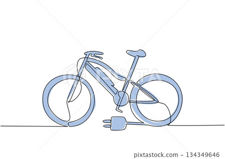 Continuous one line drawing e bike with a cable plug on its rear tire. Electric bikes that can be charged at charging stations. Tech. National E Bike Day. Single line draw design vector illustration 134349646