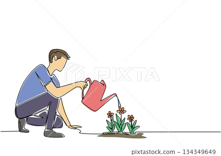 Continuous one line drawing a man squats and waters flowering plants with a watering can. New hobby for the weekend. Gardening. National Water a Flower Day. Single line draw design vector illustration Continuous one line drawing a man squats and waters flowering plants with a watering can. New hobby for the weekend. Gardening. National Water a Flower Day. Single line draw design vector illustration 134349649