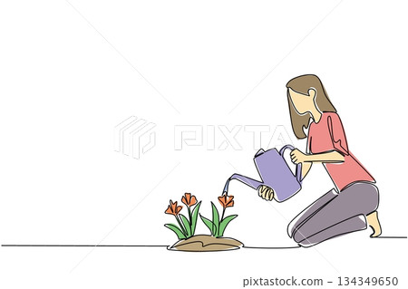 Single one line drawing a woman squats and waters flowering plants with a watering can. Caring with all the heart. New hobby. National Water a Flower Day. Continuous line design graphic illustration Single one line drawing a woman squats and waters flowering plants with a watering can. Caring with all the heart. New hobby. National Water a Flower Day. Continuous line design graphic illustration 134349650