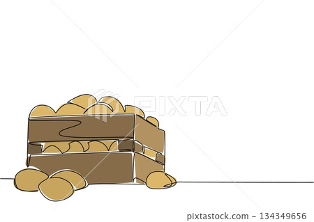 Continuous one line drawing potatoes in a wooden box and some potatoes scattered around. The month of potato harvest. International Day of the Potato. Single line draw design vector illustration Continuous one line drawing potatoes in a wooden box and some potatoes scattered around. The month of potato harvest. International Day of the Potato. Single line draw design vector illustration 134349656