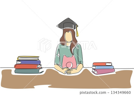 Single continuous line drawing a woman wearing a graduation cap holding a piggy bank and a stack of thick books. Prepare for higher education. College Savings Day. One line design vector illustration Single continuous line drawing a woman wearing a graduation cap holding a piggy bank and a stack of thick books. Prepare for higher education. College Savings Day. One line design vector illustration 134349660
