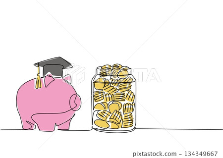 Continuous one line drawing jar full of coins and piggy bank with graduation cap. Ready to move on to higher education. Financial. College Savings Day. Single line draw design vector illustration Continuous one line drawing jar full of coins and piggy bank with graduation cap. Ready to move on to higher education. Financial. College Savings Day. Single line draw design vector illustration 134349667